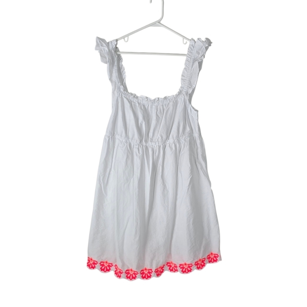 J. Crew White Cotton Ruffle Sleeve Mini Dress Neon Coral Embroidered Hem 16
